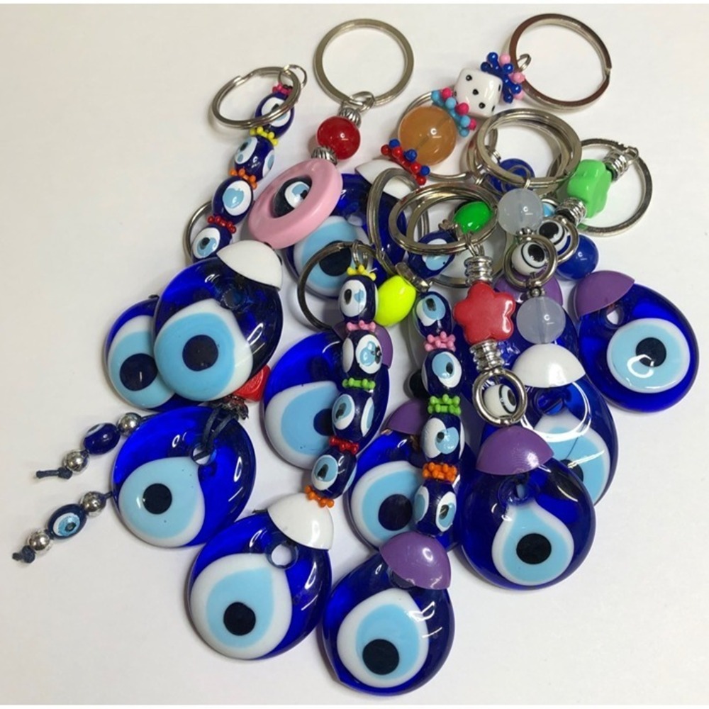 Keychain Glass Cobalt Blue Split Ring Evil Eye Protection Boho Lot of 25 New - Picture 4 of 10